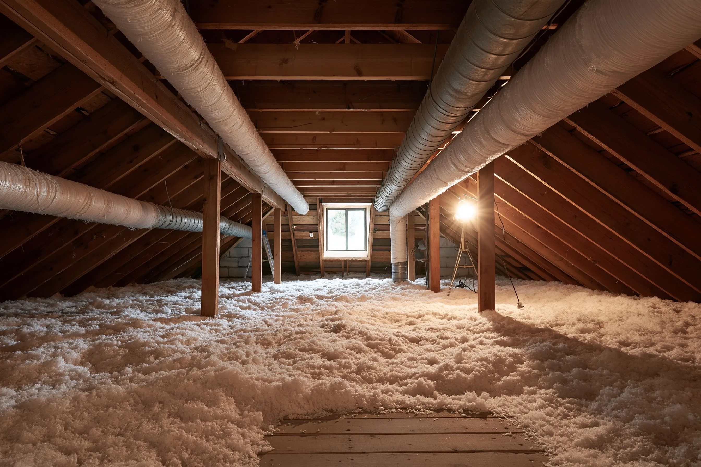 Attic under a peaked wood roof with round wrapped ducts running along the rafters, loose-fill insulation, a small gable window and a work lamp