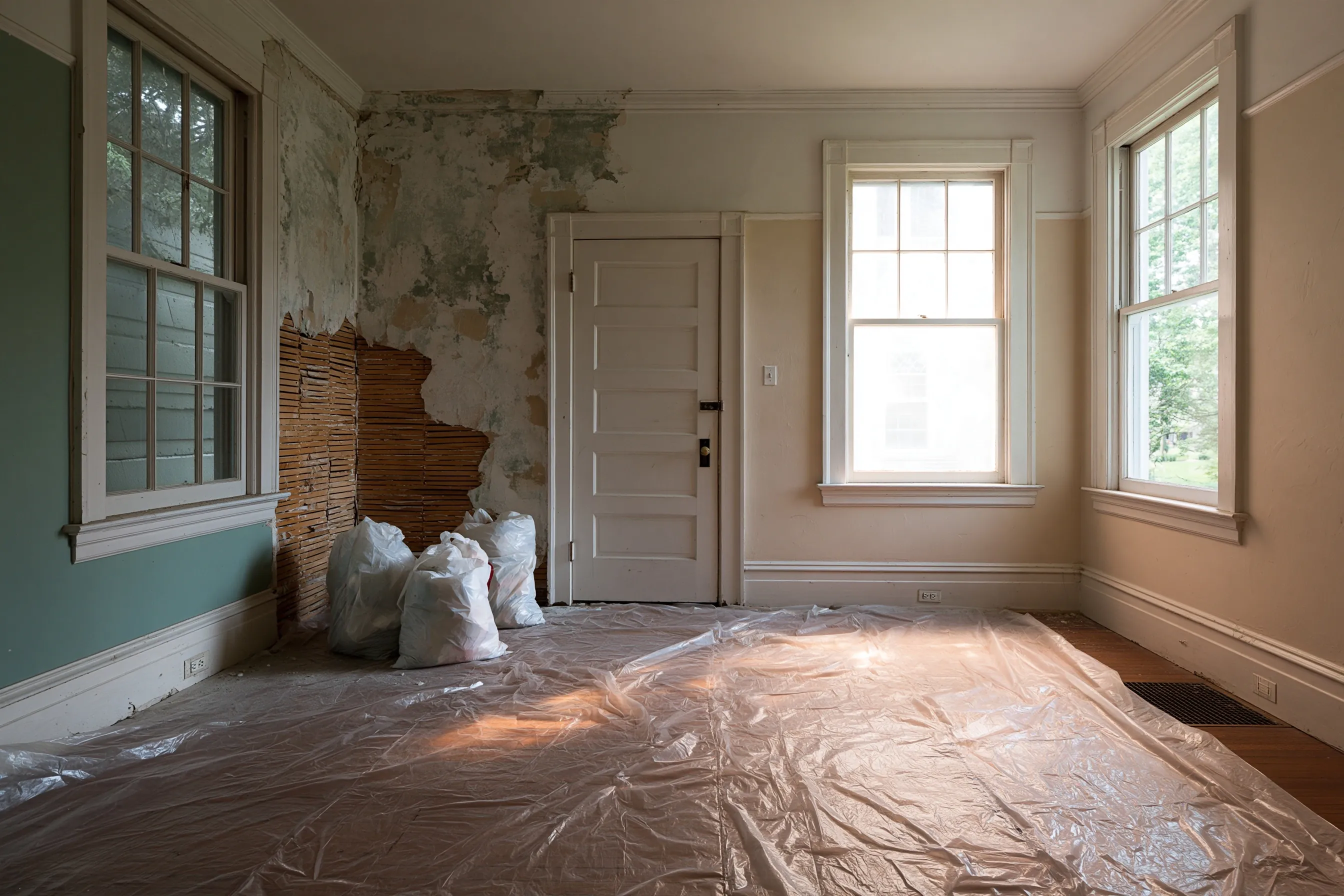 Bedroom with tall wood sash windows, plaster broken away to the wood lath in one corner, bags of debris and plastic over the floor
