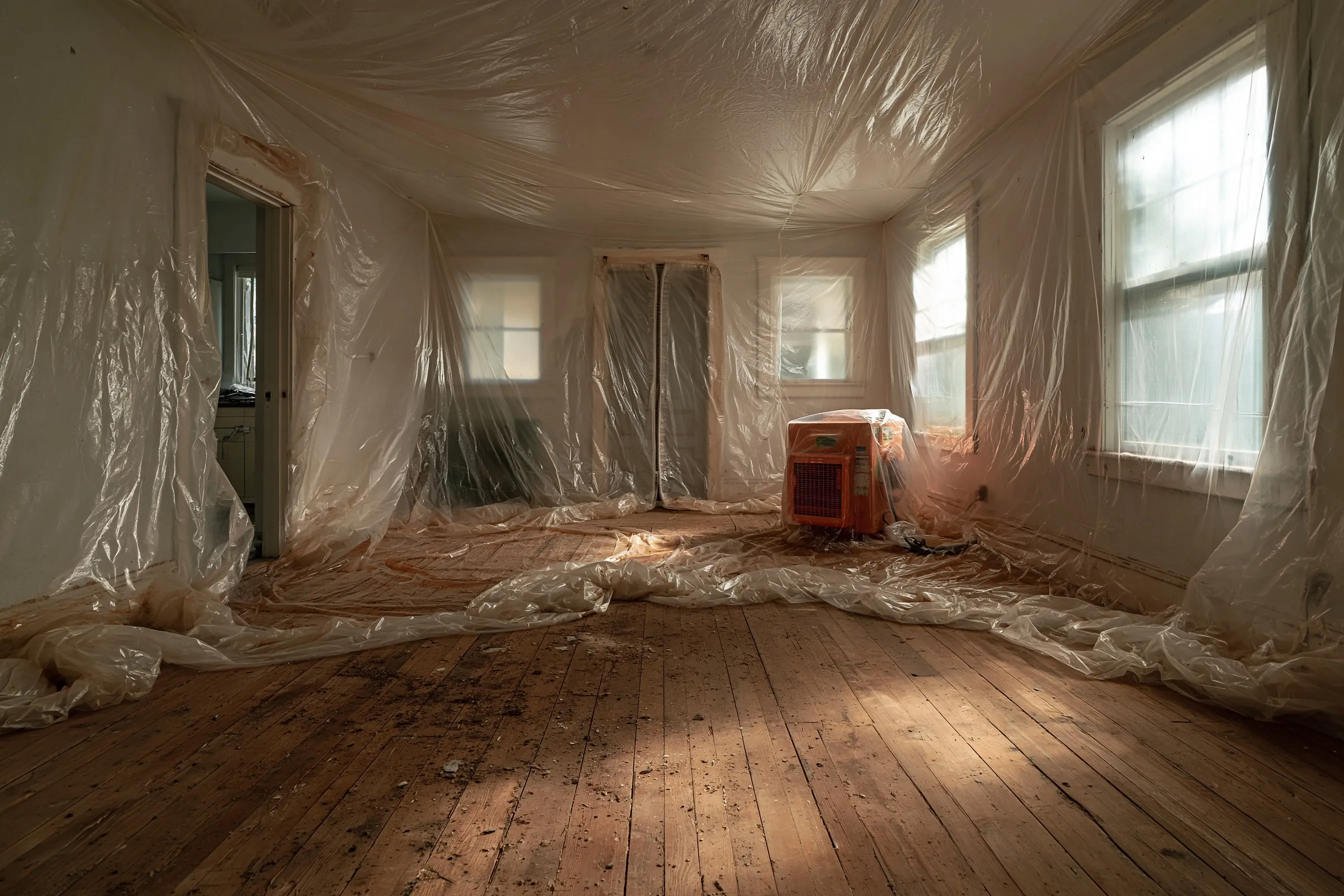 Plastic containment enclosure and air filtration unit set up in an empty living room