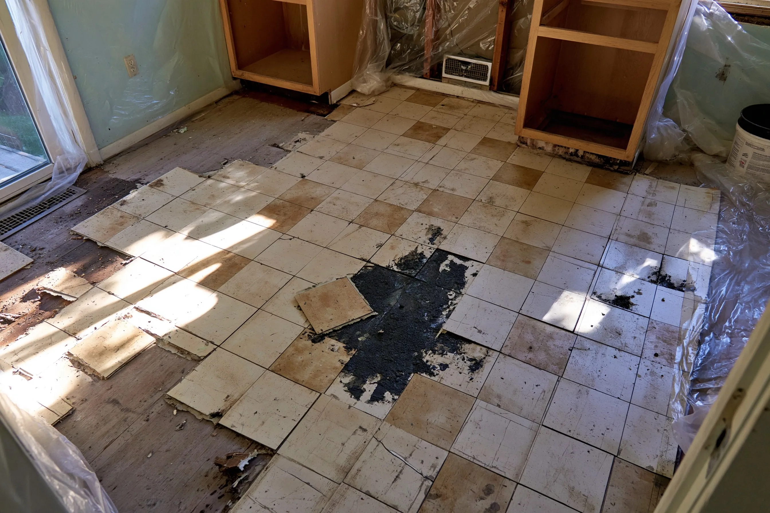 9-inch vinyl asbestos floor tiles and black mastic partly exposed in an older kitchen