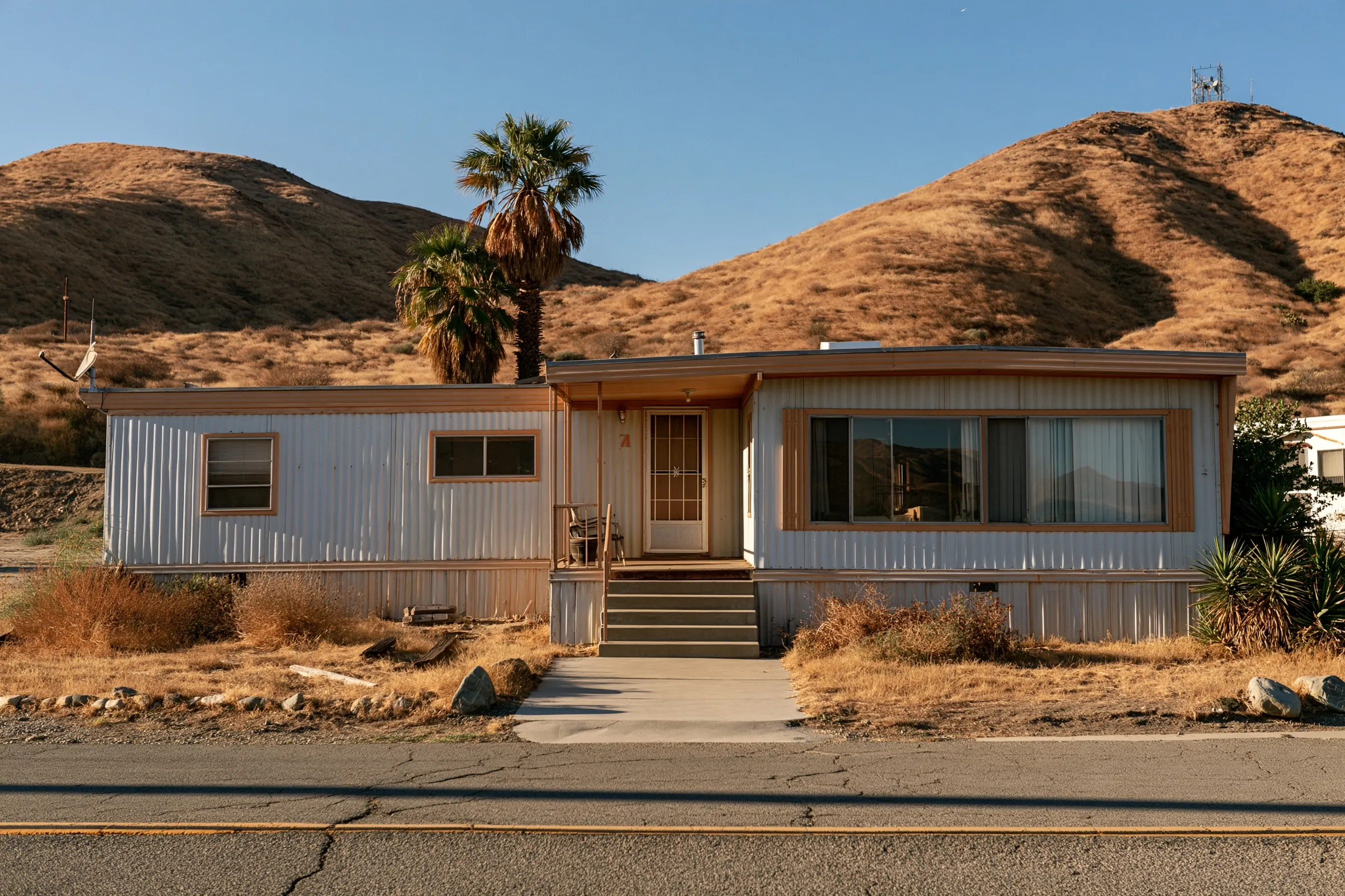 Older single-wide manufactured home with underbelly skirting