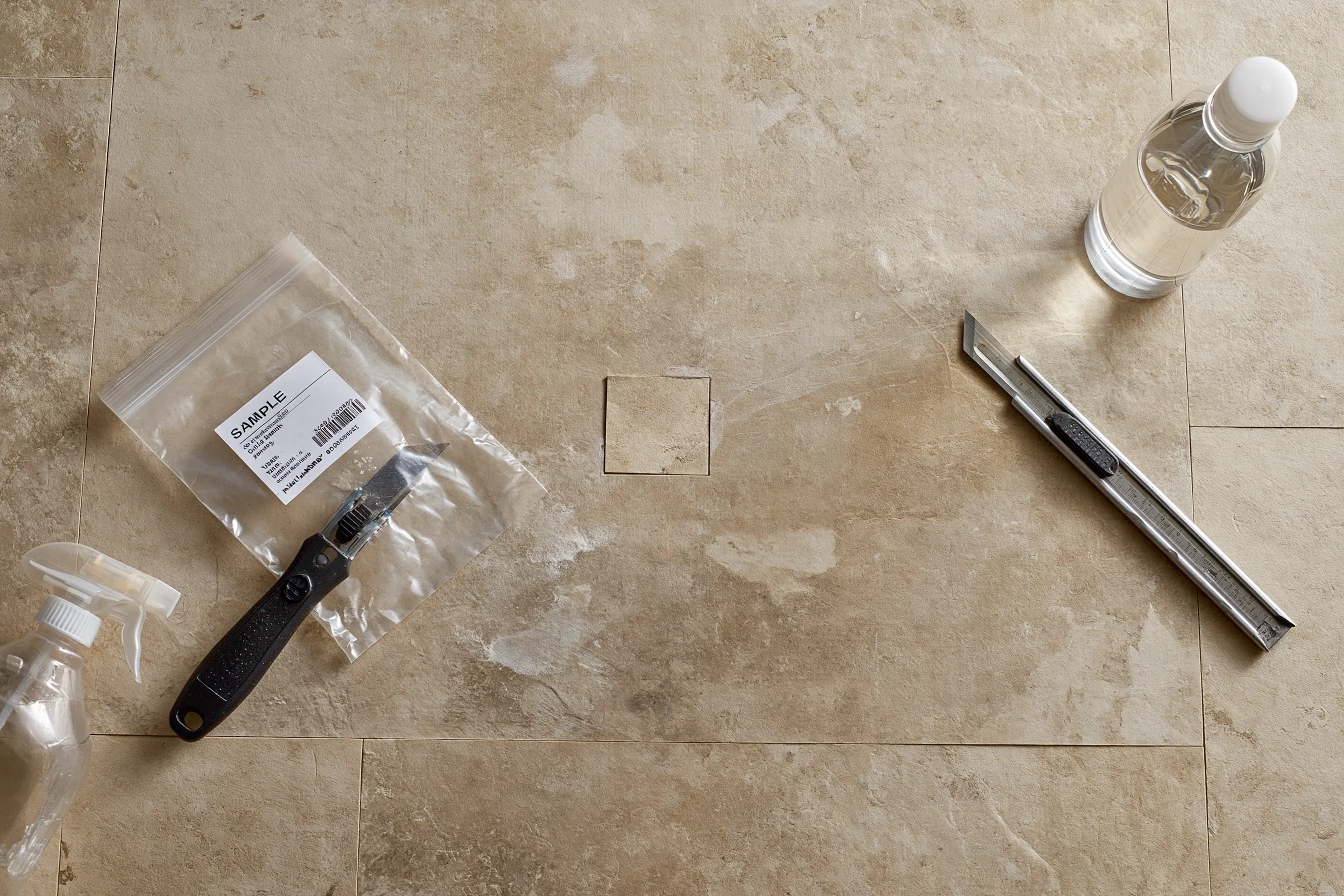 Labeled sample bags and a sampling tool beside a small cut in flooring